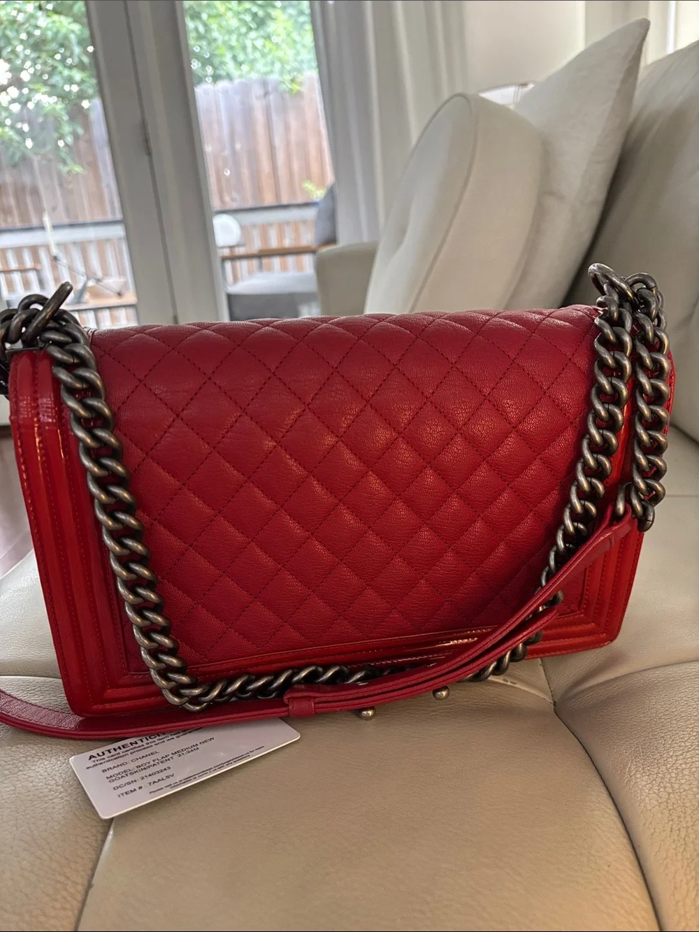 CHANEL Boy Red Quilted Leather Shoulder Bag with Chain Strap- Medium